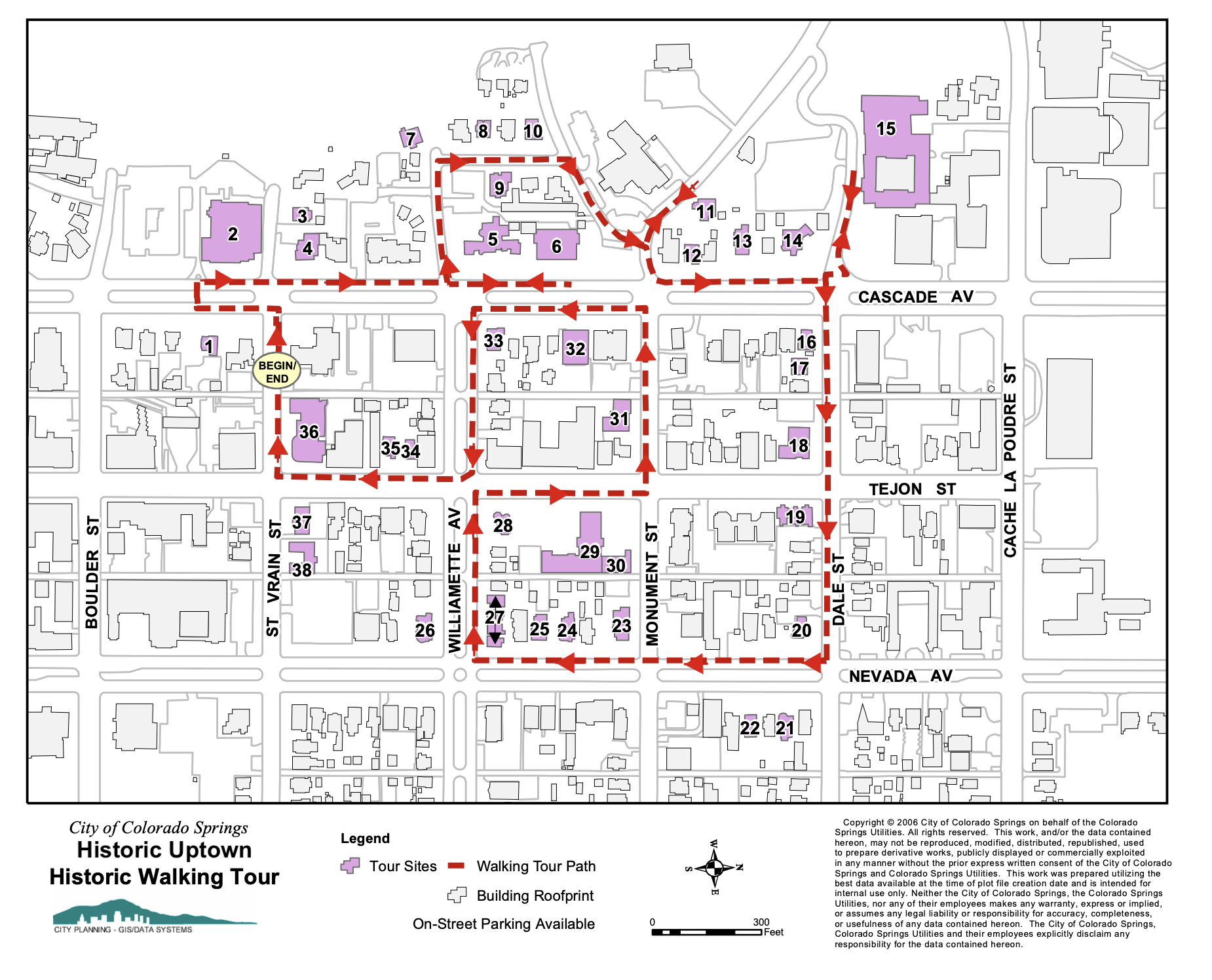 Map of the Historic Uptown Walking Tour path with each of the 38 landmarks marked on it. Start at the McAllister House on North Cascade Ave, and then cross the street west to head north on Cascade to the Shephard's Citation Building. Continue walking north on Cascade to the Gutmann Residence, Bemis House, Hagerman Mansion, and Russ Amer Arms buildings. Turn back to head South on Cascade and make a right on Willamette towards the west to view the Wray Residence, Biggar-Weller Residence, Stonework, Hagerman Mansion Carriage House, and Jones-Will Residence. Turn left onto Parkview Ave to see the Woman's Club. Turn back to head east on Parkview Ave and return to walking North on Cascade Ave to see the Garrett Residence, Pastorius Residence, Gwynne-Love House, and Fine Arts Center. Cross the street towards the east to follow Dale St east to see the Birdsall Residence, Gregg Residence, Murray Apartments, and Burgess Residence. Turn right onto Nevada Ave to see stops 21-25. Then turn right on Willamette Ave to see stops 26-28. Turn right on Tejon St and then turn left onto Monument St to see stop 31. Turn left on Cascade Ave to see stops 32-33. Turn left onto Willamette Ave and then turn right onto Tejon St to see stops 34-36. Turn right onto St Vrain St to return to the McAllister House on Cascade Ave and St Vrain Ave.