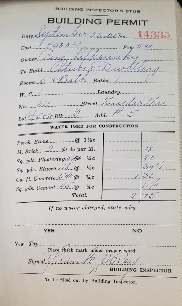 Handwritten building permit pulled on September 23, 1925 to build the property located at 611 Zyder Zee in Colorado Springs.