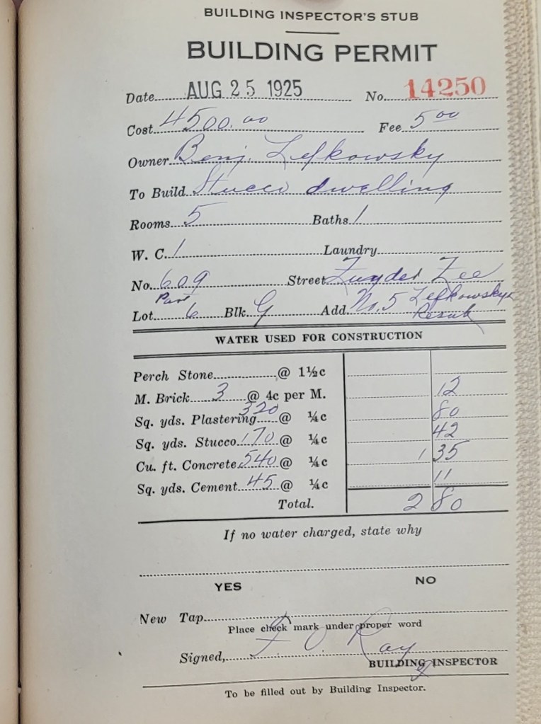 Building permit dated August 25, 1925 that was handwritten for the 609 Zyder Zee property in Colorado Springs.