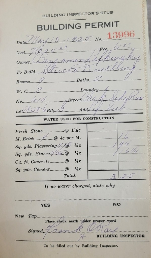 Building Inspector's Stub Building Permit written in 1925 for 614 Park Terrace