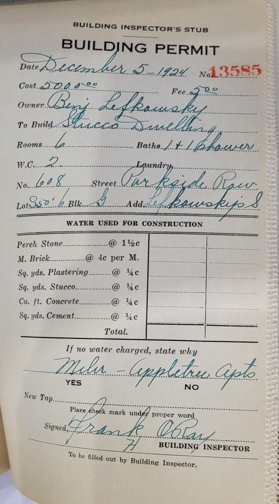 Building Inspector's Stub Building Permit for 610 Park Terrace written in 1925
