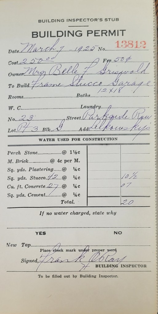 Handwritten building permit for the garage building located at 625 Park Terrace in Colorado Springs