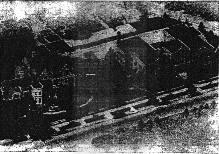 Newspaper image: SOLD BY LEFKOWSKYS - Seen in this photo, taken from the air, Russ-Amer Apartments, left, and Russ-Amer Arms, sold by Mr. and Mrs. Benjamin Lefkowsky to Norman Smith, former owner of the Norm Smith Angus Ranch at Larkspur. Russ-Amer Apartments is the one-time home of James J. Hagerman railroad builder and mining man, and was bought in 1922 by Lefkowsky.