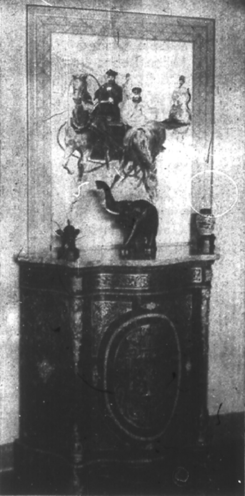 Newspaper image: The cabinet is a small French Boulle Credenza, (1810-1820), from the palace of Piedmont of Moncogheri. The picture above the cabinet is a sketch of Czar Nicholas II of Russia, by Mr. Lefkowsky.