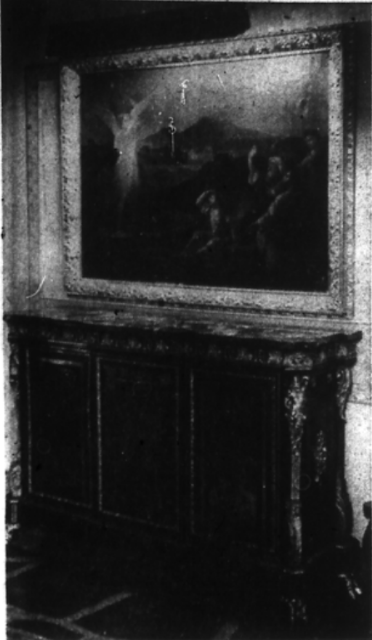 Newspaper image: The beautiful painting, "Star of Bethlehem," is a Thomas A. Read original, painted about 1871. It hangs over a Boulle Credenza from the palace of the Prince of Talleyrand. Boulle creations are all ornamented with intricate overlay of tortoise shell, ebony, copper and brass, as seen on this cabinet.