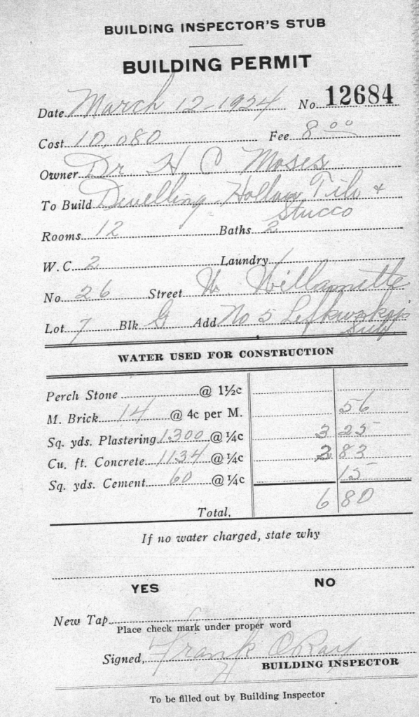 Building inspector's stub building permit for 602 Park Terrace signed in 1924.
